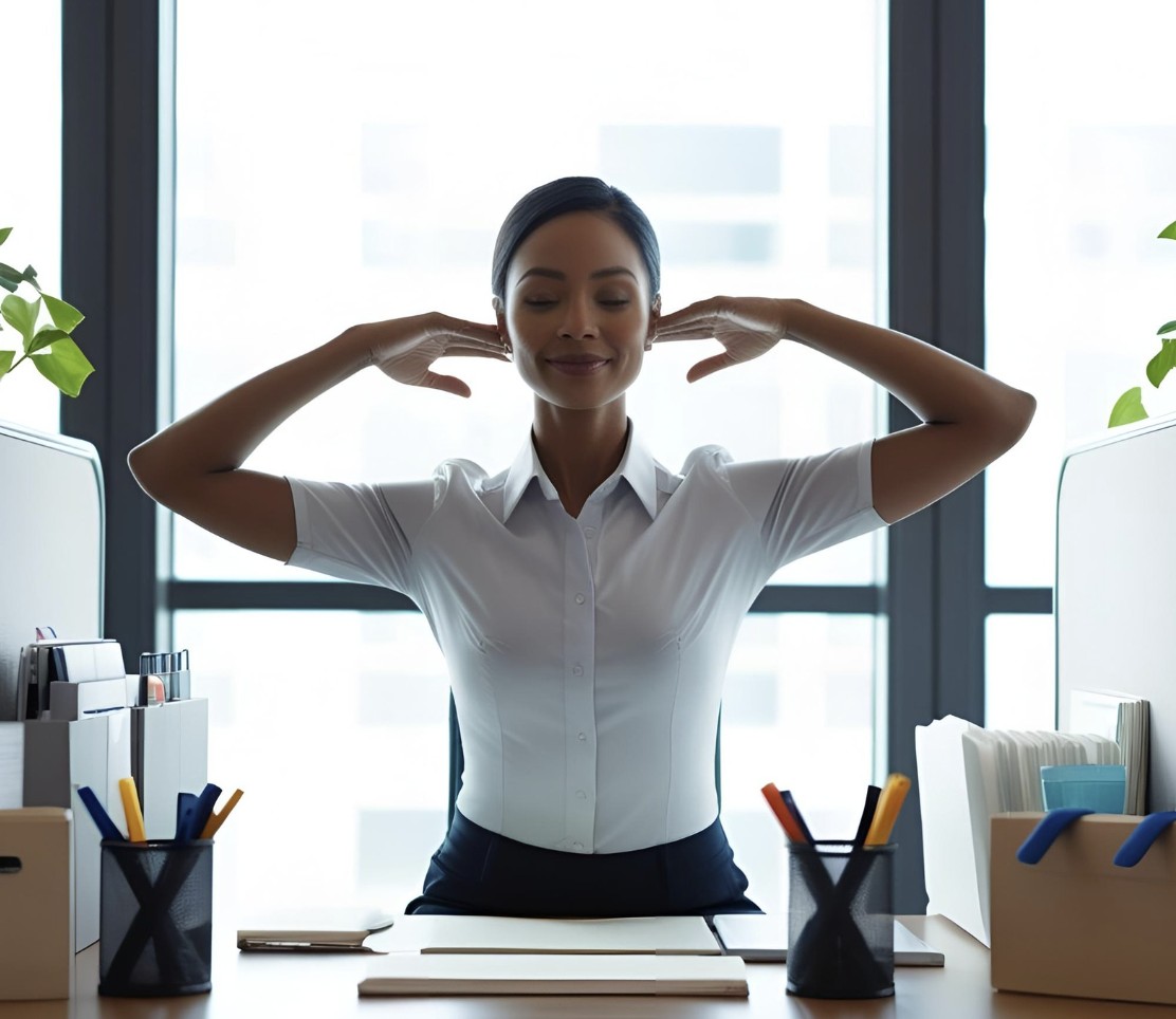 A professional performing desk yoga to reduce stress and improve focus