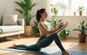 Woman performing a 10-minute morning routine yoga by the window