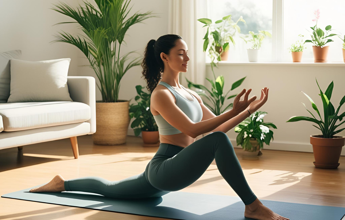 Woman performing a 10-minute morning routine yoga by the window