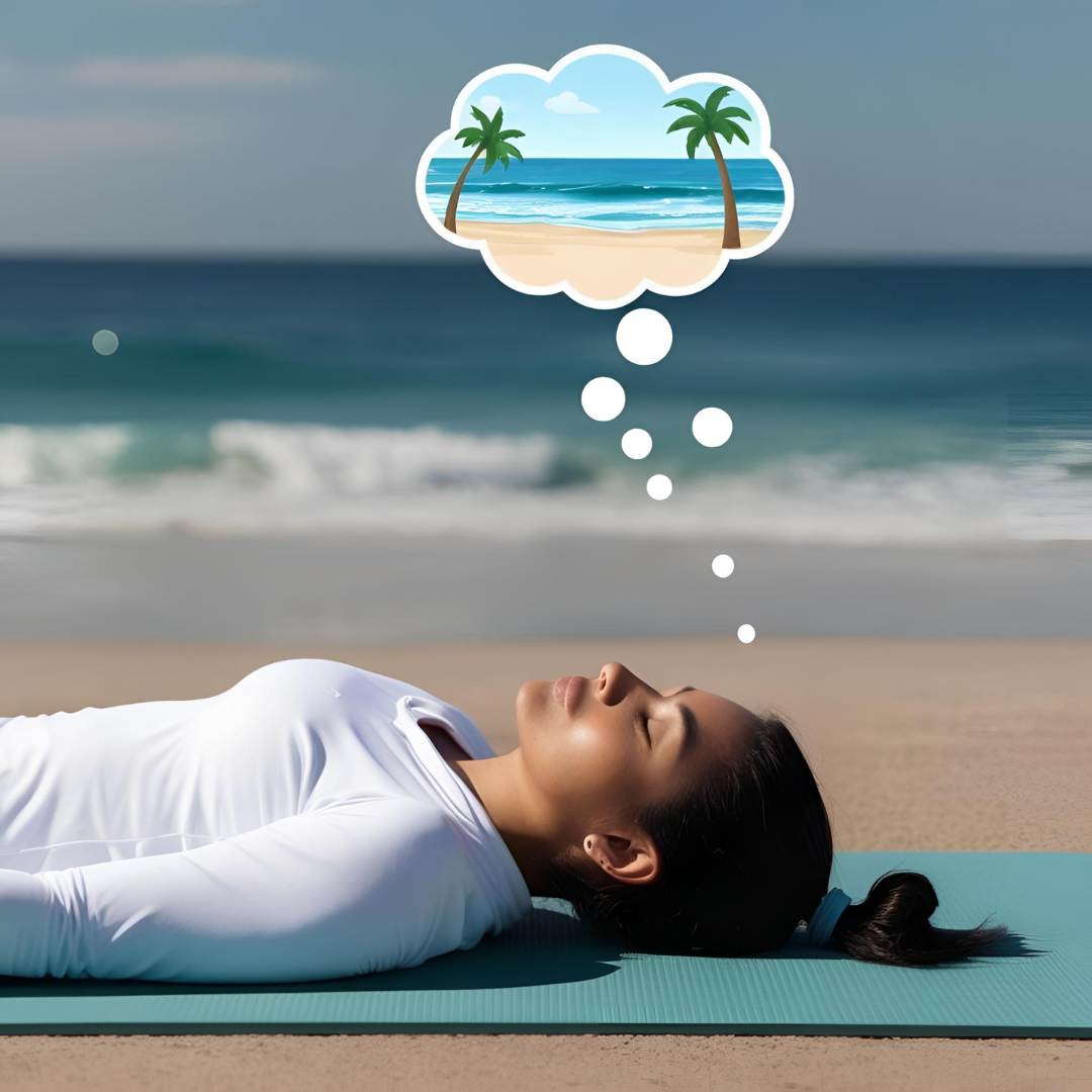 Person meditating with a peaceful tropical beach visualized above their head.