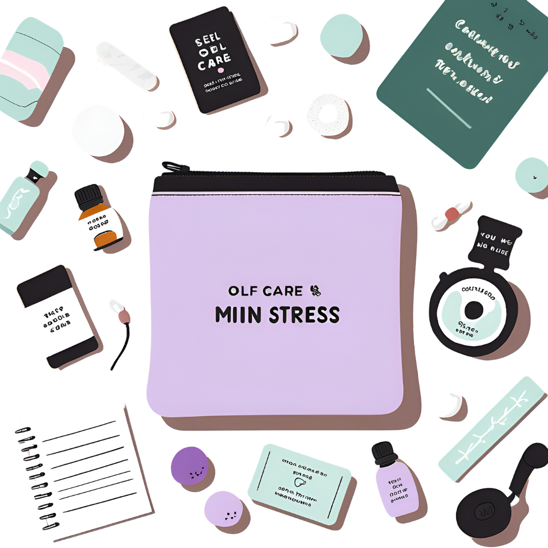 Portable stress relief kit with oils, headphones, affirmation cards, and calming tools.