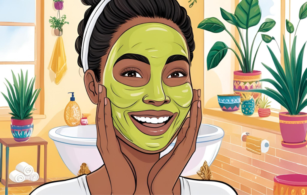 Woman applying a hydrating avocado and honey face mask
