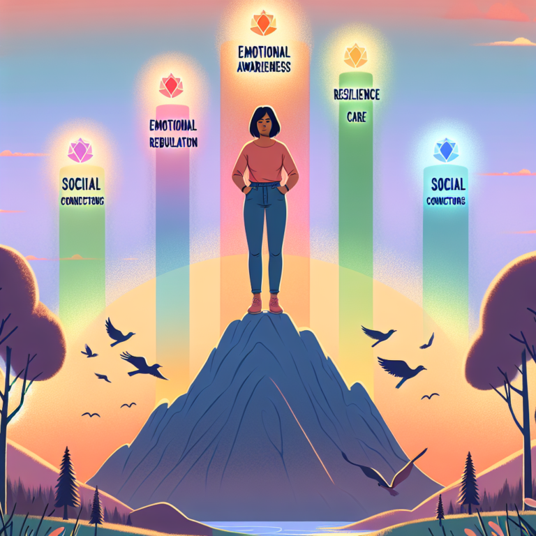 Person standing triumphantly on a sunrise-lit mountaintop, surrounded by seven glowing pillars labeled with emotional wellness traits, representing strength, resilience, and emotional balance.