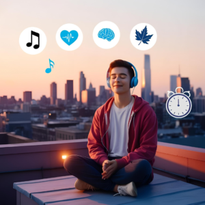 Young person meditating with headphones on a city rooftop at sunset, surrounded by icons representing stress relief techniques.