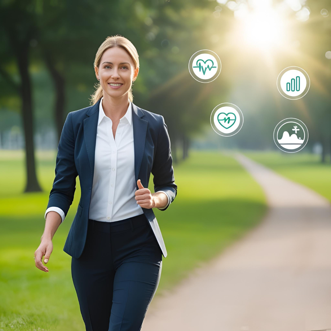 Businessperson taking a relaxing walk through a green park to relieve stress.