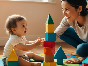 Toddler looking at a parent while stacking blocks – "Spot Autism Early in toddlers"
