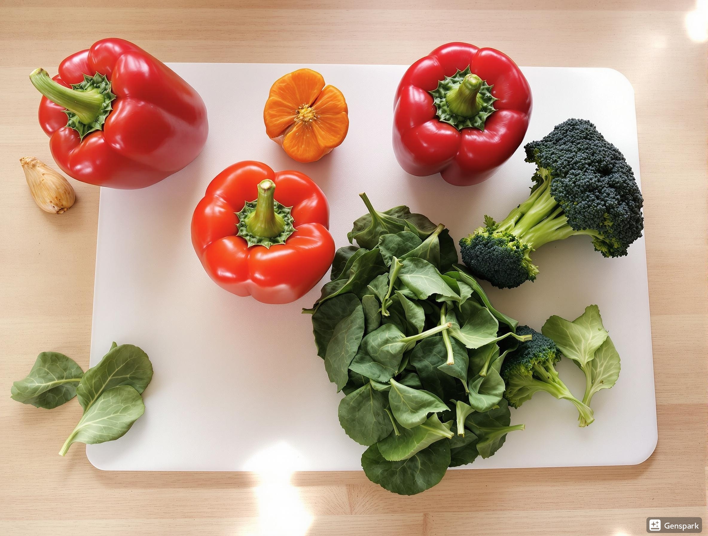 Fresh immune-boosting vegetables including red bell peppers, broccoli, spinach, garlic, and turmeric root