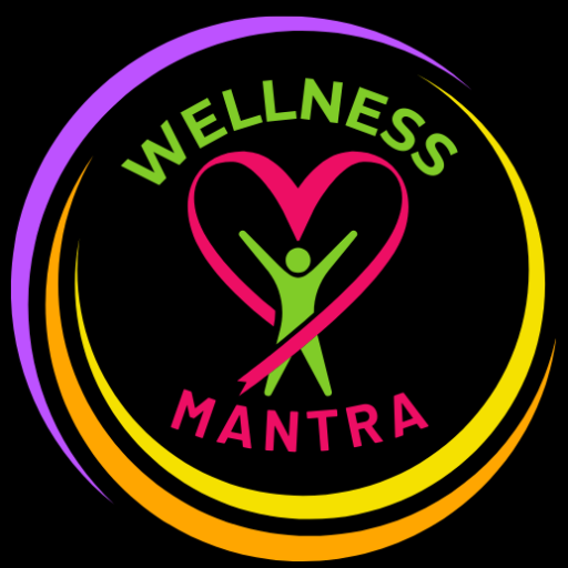 Colorful circular logo for Wellness Mantra featuring a heart, a human figure, and vibrant swirls