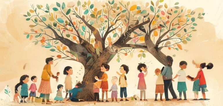 Illustration of a diverse group of children and adults around a family tree, representing modern family dynamics and the importance of both traditional and chosen family connections.