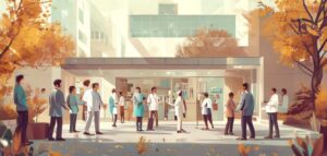 A diverse group of healthcare professionals, including a surgeon, standing at the entrance of a modern Rome, NY health clinic, smiling and interacting with community members, symbolizing enhanced local surgical care and community trust.