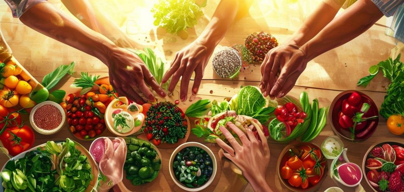 Diverse hands reaching for a vibrant spread of culturally appropriate, healthy foods on a table, symbolizing community access and nourishment.