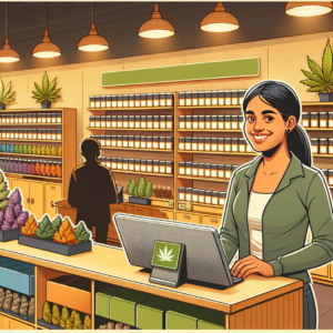 Interior of a cannabis dispensary in LaVale with various products displayed.