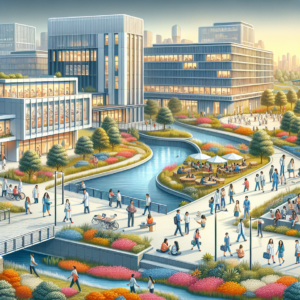 A modern healthcare facility with greenspaces in Saginaw, Michigan.