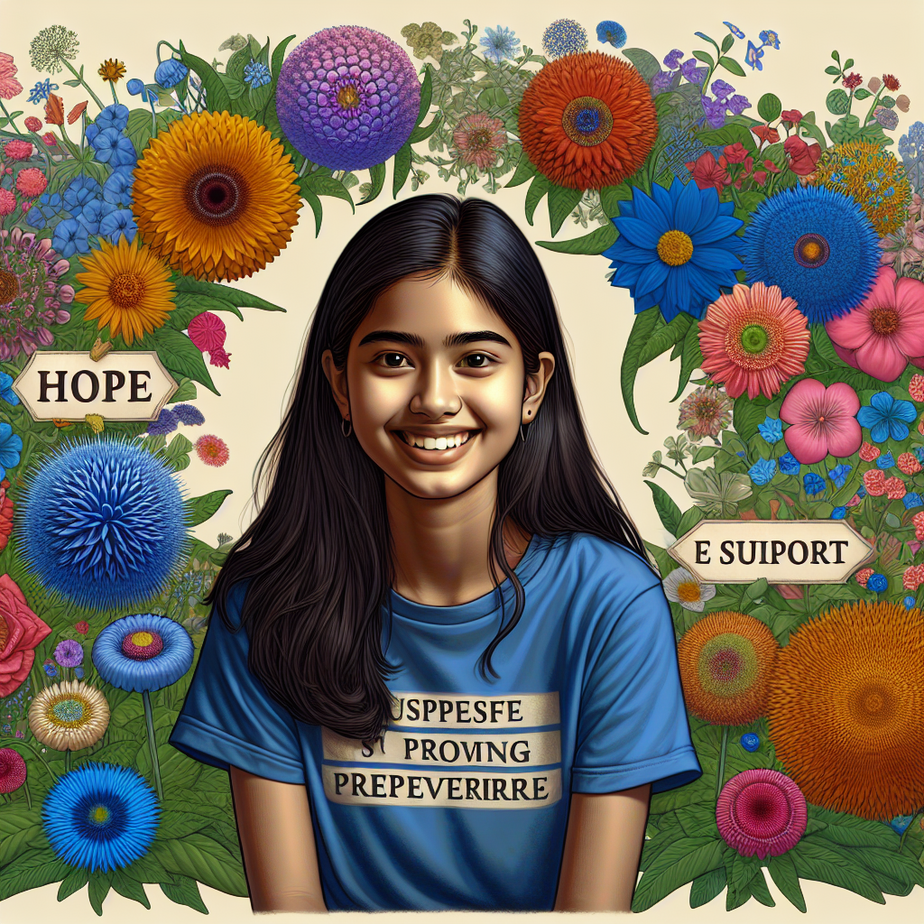 A young girl surrounded by flowers, symbolizing hope and resilience.