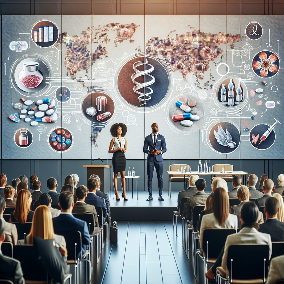 Attendees at a pharmaceutical investor conference, engaged in discussions.