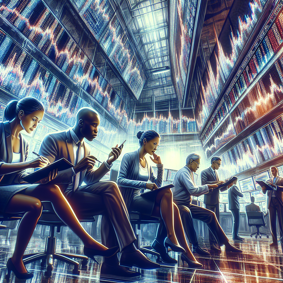 Traders on the stock exchange floor analyzing market data.