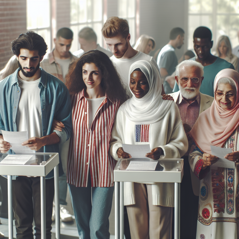 A group of diverse voters standing united at a polling place.