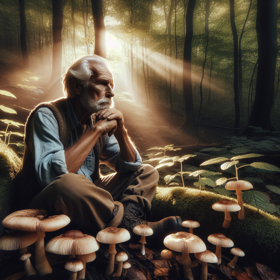 An elderly man peacefully reflecting in a forest surrounded by nature.